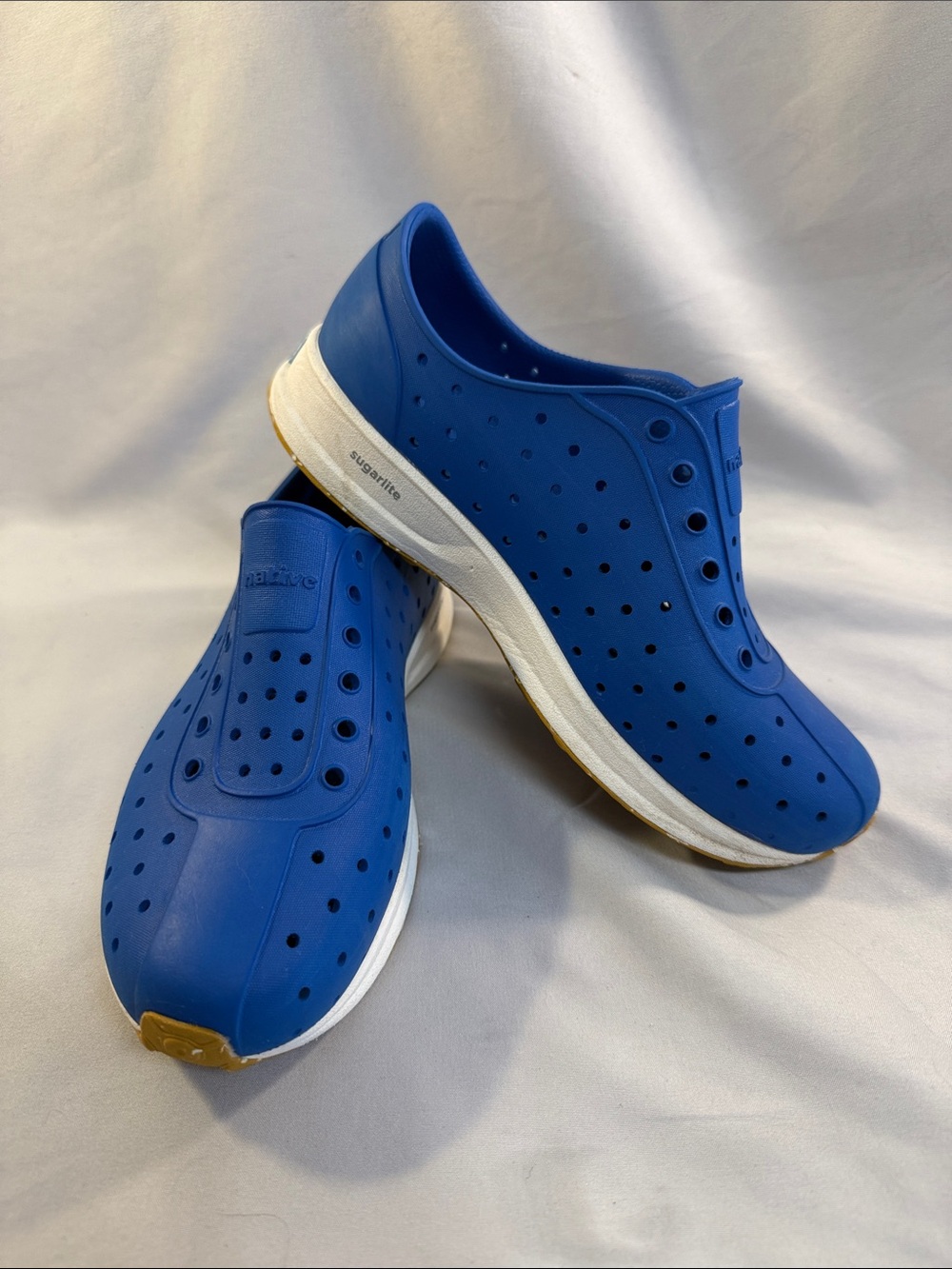 Native Shoes Kids Blue Slip-On Perforated Loafers with White Sole